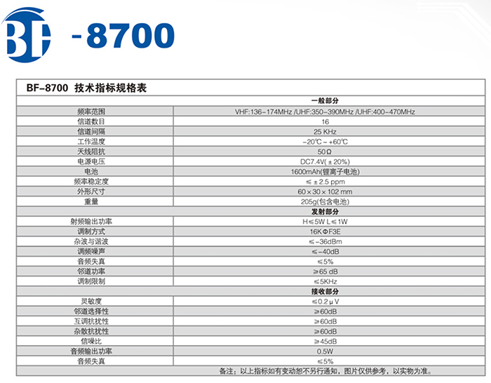 北峰BF-8700對講機參數規格