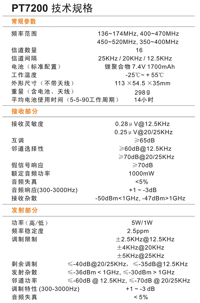 科立訊PT7200對講機技術(shù)規格