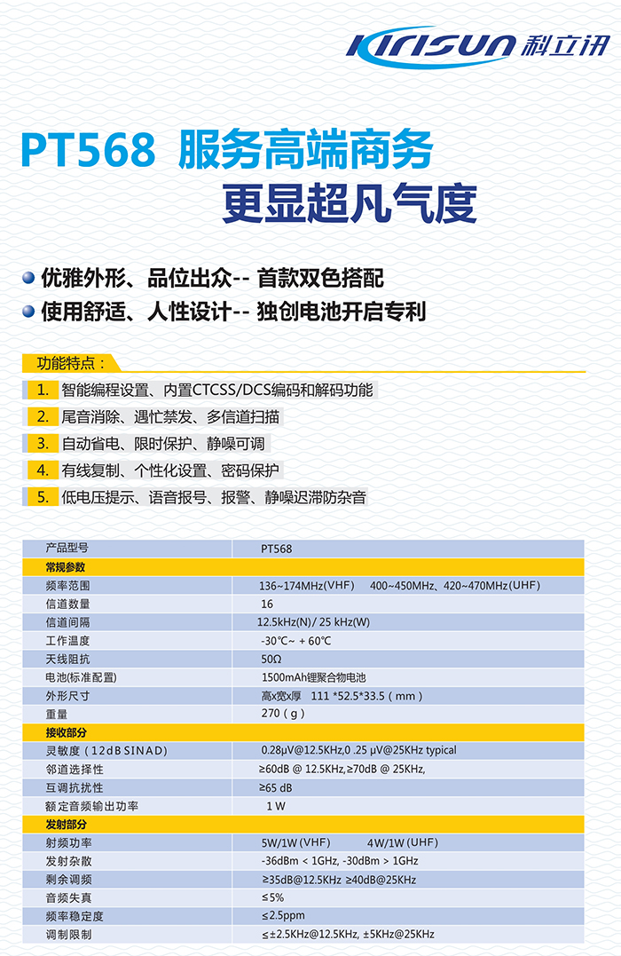 科立訊PT568對講機參數